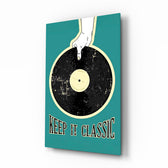 Keep It Classic teal vinyl glass wall art in a modern listening room