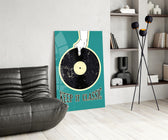 Vinyl record panel anchoring a coastal-café accent wall