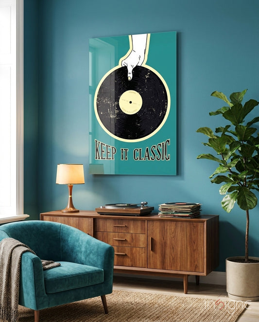 Classic Vinyl Record Glass Wall Art - Lifestyle preview in a designer interior