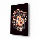 Mushroom Head surreal portrait glass wall art in a modern teen's bedroom