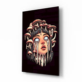 Mushroom Head surreal portrait glass wall art in a modern teen's bedroom