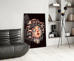 Mushroom-crown portrait panel against a deep-plum painted wall