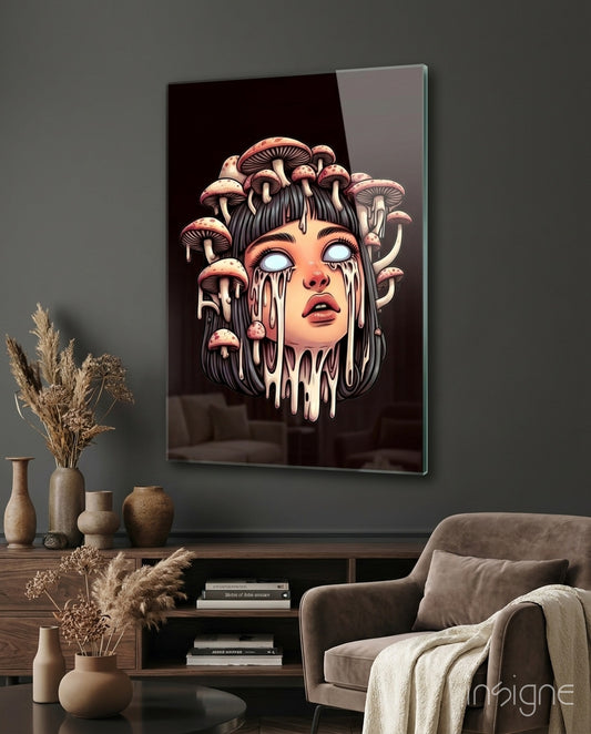 Mushroom Head Glass Wall Art - Lifestyle preview in a designer interior