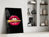 Pop lips artwork in a teen's bedroom with low light