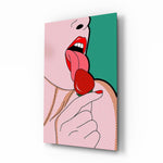 Pop strawberry lick comic glass wall art in a modern kitchen