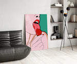 Pop strawberry panel against a clean white-painted accent wall