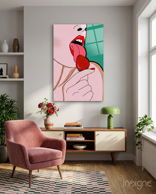 Pop Tongue Kiss Glass Wall Art - Lifestyle preview in a designer interior