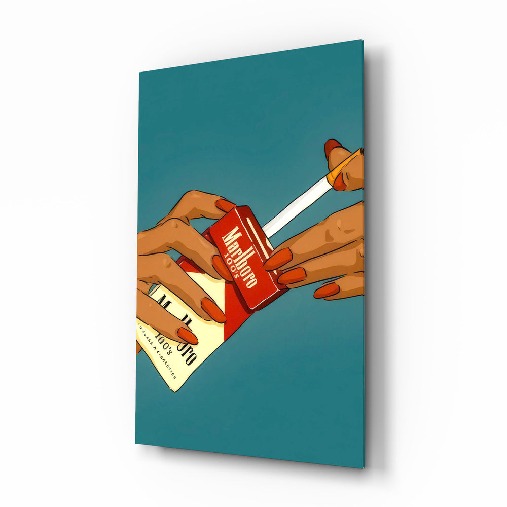 Marlboro pop-hands glass wall art in a modern smoking lounge