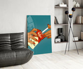 Cigarette-pack panel against a deep teal-painted accent wall