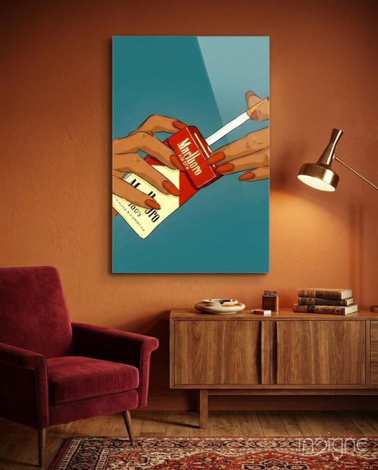 Marlboro Cigarette Pack Glass Wall Art - Lifestyle preview in a designer interior