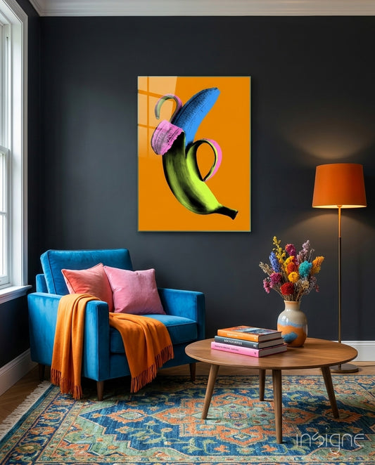 Pop Banana on Orange Glass Wall Art - Lifestyle preview in a designer interior