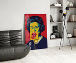 Pop monarch panel against a deep crimson-painted accent wall