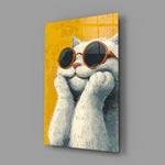 Illustrated cat panel anchoring a creative office wall