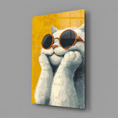 Illustrated cat panel anchoring a creative office wall
