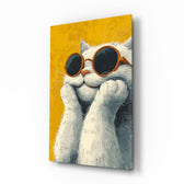 Cool Cat yellow-shades glass wall art in a modern children's bedroom