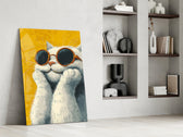 Illustrated cat artwork in a contemporary reading nook