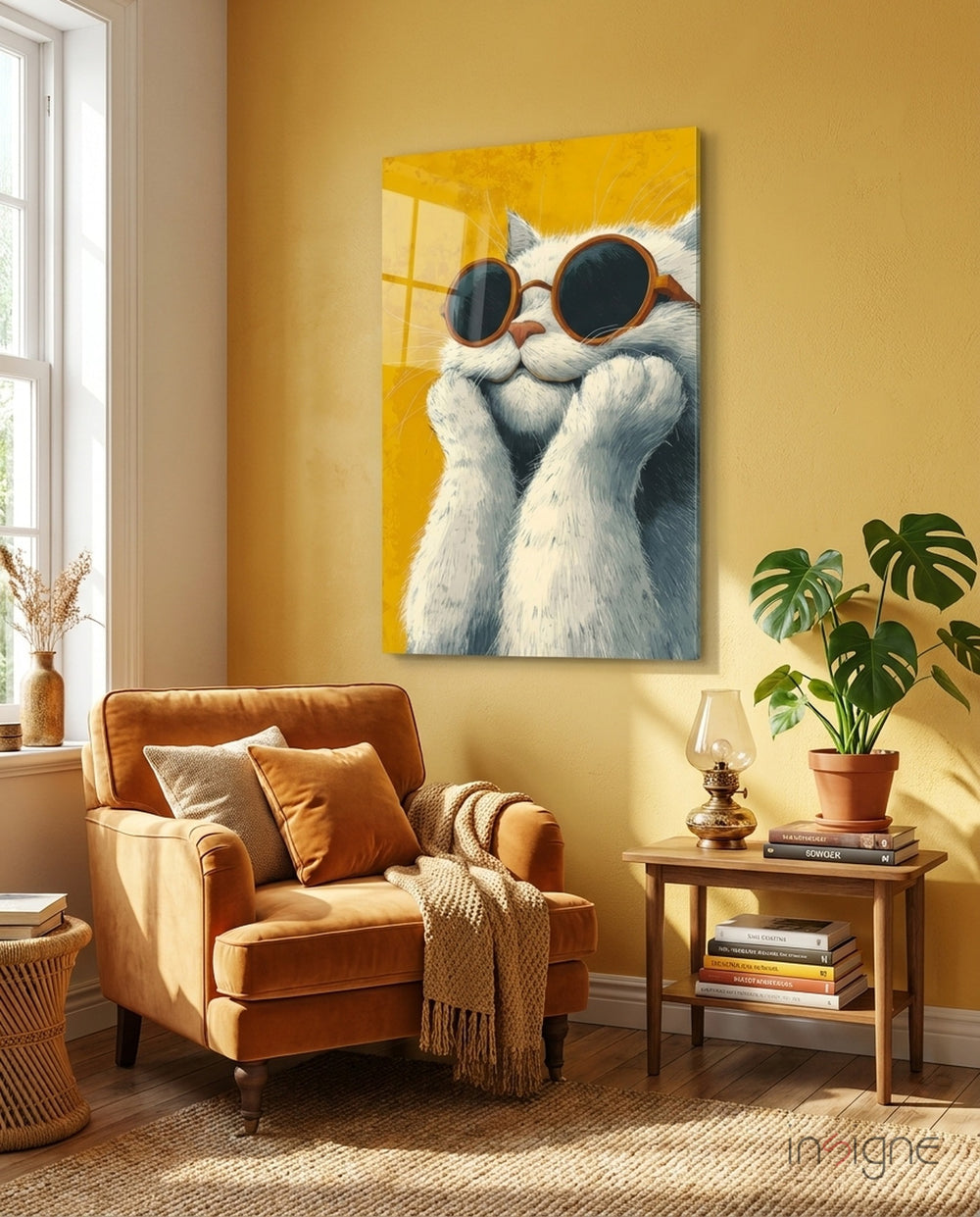 Cool Cat in Shades Glass Wall Art - Lifestyle preview in a designer interior