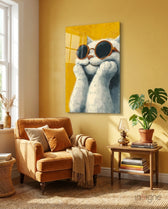 Cool Cat in Shades Glass Wall Art - Lifestyle preview in a designer interior