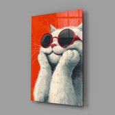 Illustrated cat panel anchoring a creative office wall