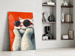 Illustrated cat artwork in a contemporary reading nook