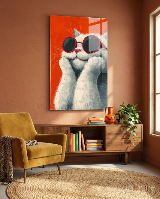 Cool Cat in Shades Glass Wall Art - Lifestyle preview in a designer interior