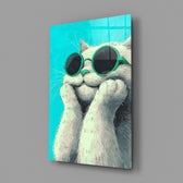 Illustrated cat panel anchoring a coastal café wall
