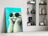 Illustrated cat artwork in a creative office reading nook