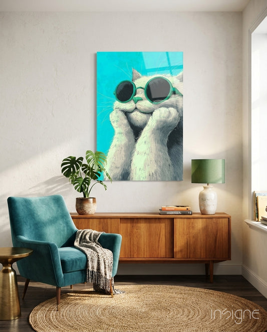 Cool Cat in Shades Glass Wall Art - Lifestyle preview in a designer interior