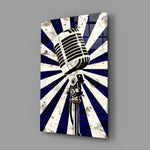 Retro navy-poster panel anchoring a podcast room wall