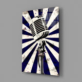 Retro navy-poster panel anchoring a podcast room wall