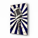 Vocal Icon blue-sunburst microphone glass wall art in a recording studio