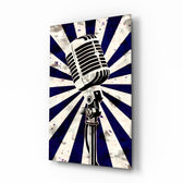 Vocal Icon blue-sunburst microphone glass wall art in a recording studio