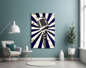 Vintage microphone artwork styled in a music lounge interior