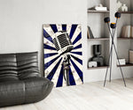 Sunburst microphone panel against a brick or moody-painted bar wall