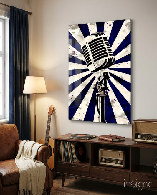 Vocal Icon Microphone Glass Wall Art - Lifestyle preview in a designer interior