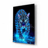 Neon blue leopard glass wall art in a modern gaming room