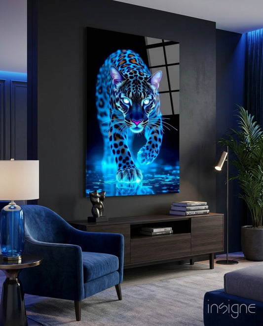 Neon Blue Leopard Glass Wall Art - Lifestyle preview in a designer interior