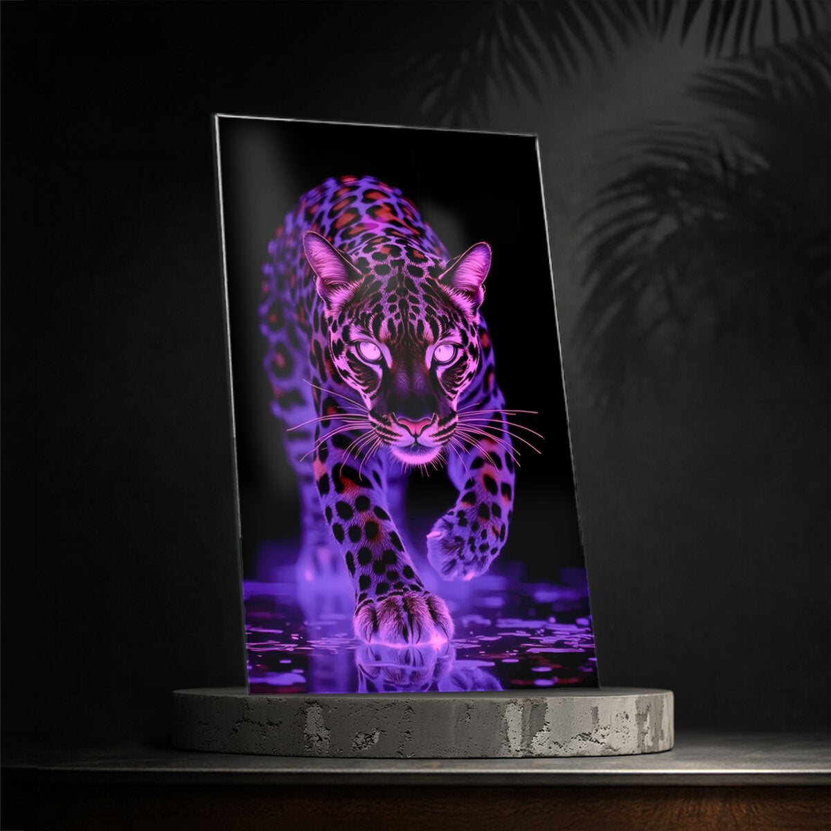 Neon Magenta Leopard Glass Wall Art — Cinematic Predator Portrait