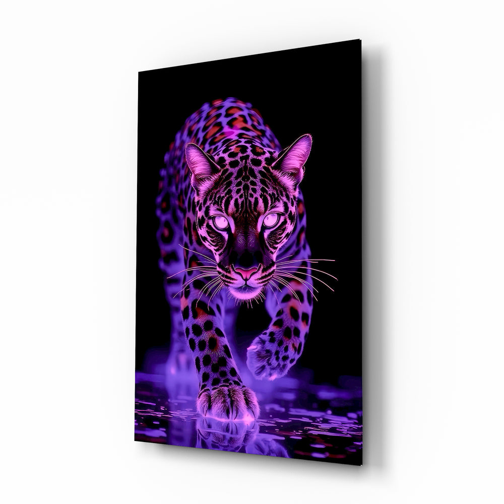 Neon magenta leopard glass wall art in a modern gaming room