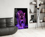 Neon leopard panel against a moody dark-painted wall
