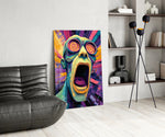 Scream-portrait panel against a moody dark-painted wall