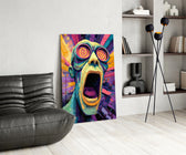Scream-portrait panel against a moody dark-painted wall