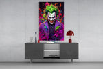 Joker's Chaos glass wall art catching light to reveal its splatter palette