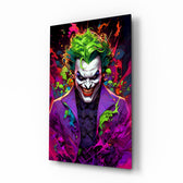 Joker's Chaos pop-graffiti glass wall art in a modern gaming room