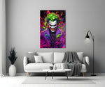 Pop-graffiti glass print bringing villain edge to a cinema-room accent wall