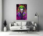 Pop-graffiti glass print bringing villain edge to a cinema-room accent wall