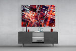 Cyber Grid glass wall art catching light to reveal its glowing facets