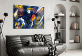 Abstract artwork styled in a master bedroom with neutral palette