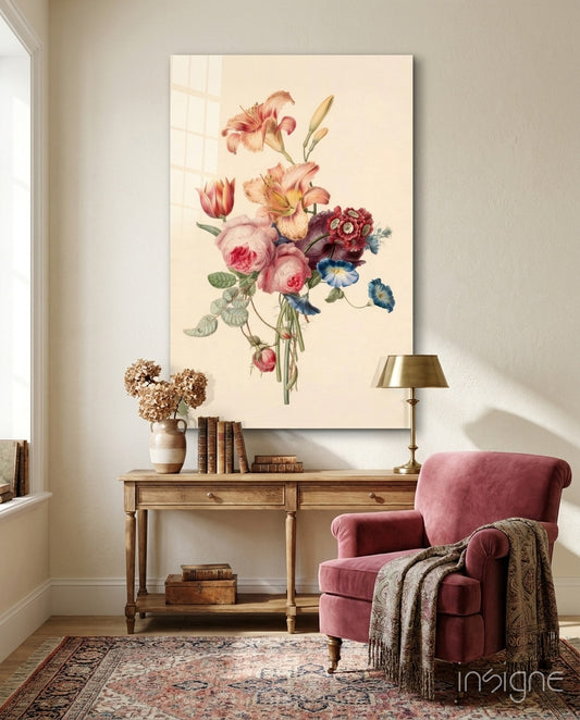Elegant Floral Bouquet Glass Wall Art - Lifestyle preview in a designer interior