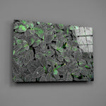 Dark foliage panel anchoring a hotel lobby wall